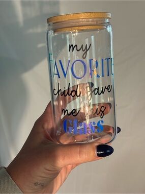 Clear Glass Tumbler with Bamboo Lid and Blue Iridescent Text